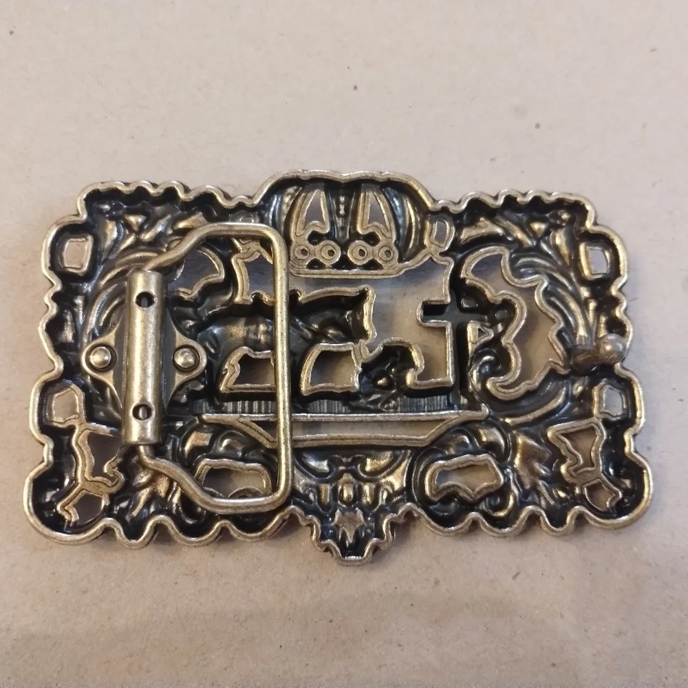 Western Belt Buckle Cross Crown Horse Cowboy Antique Tone
